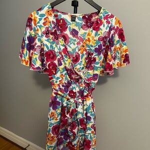 SHEIN White Floral Romper with Pink, Purple & Teal Flowers